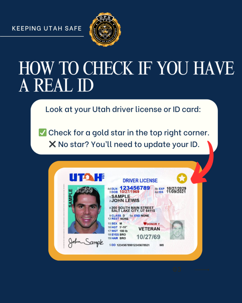 A sample Utah driver license with the gold star indicating it is REAL ID compliant